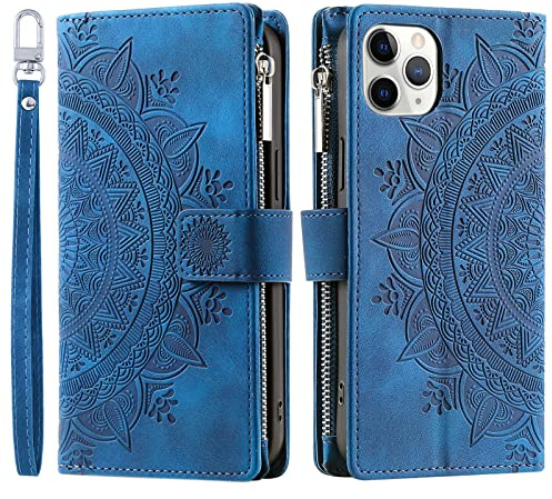 VEEMOS Handyhülle für iPhone 11 Pro hülle Klappbar Blumen Handytasche Schutzhülle Klapphülle mit Kartenfach Handy Tasche Book Cover Flip Case Ständer - Blau