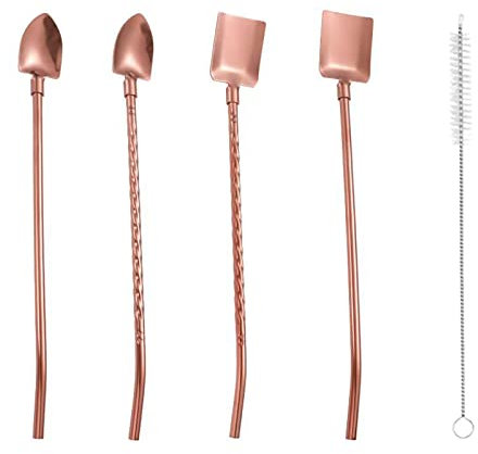 Strohhalmlöffel, 1 Set Löffel mit Reinigungsbürste, rostfrei, langer Griff, hochglanzpoliert, spülmaschinenfest, Geschirr, Edelstahl, Doppelnutzung, Dessert-Kaffee-Rührlöffel