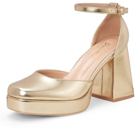 GENSHUO Escarpins à Talons Plateforme épais pour Femme, Talons à Bout carré fermé de 10 cm avec Bride à la Cheville, Chaussures de fête de Mariage, doré, 38.5 EU