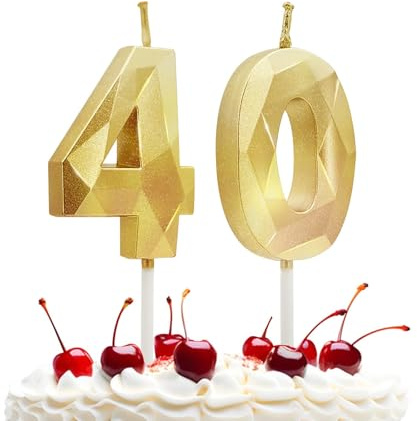 Prebarfun Gold Geburtstagskerzen Zahlen 40, Kerzen 40 Geburtstag für Party | Goldene Kuchendeko, Happy Birthday Kerze, 3D Kerzen Dekorationen für Torte, Hochzeiten, Firmenfeiern, Jubiläen