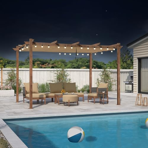 PURPLE LEAF 3 x 4 m Pergola Holzoptik Gartenpavillon aus Aluminium mit Schiebedach Pavillon Gazebo Beige mit wasserdichte Warmweiß Globe Licht, Beige