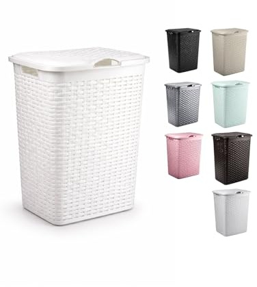JARDIN202 - Cesto Ropa Sucia Pongotodo con Tapa y Asas | Cesta Colada Plástico Ratán | Cubo Ropa Sucia | Baño Dormitorio | 38L/48L/60L | 38 Litros (Blanco)