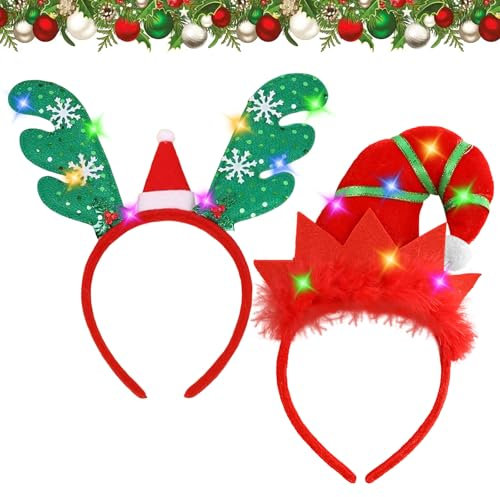 Seasboes Weihnachten Haarreif, 2 Stück Weihnachts Kopfschmuck, LED Weihnachten Geweih Haarreif, Elfenhut Stirnband, Weihnachten Haarreifs für Kinder, Erwachsene für Weihnachtsbedarf und Urlaubspartys