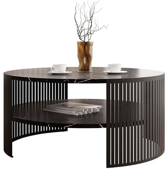 Mirjan24 Couchtisch Fahugin, runde Form (Black Pietra Grigia, Schwarz) | Kaffeetisch mit praktischem Ablageboden, Ø 75 cm, stabilem Metallgestell und pflegeleichter Tischplatte