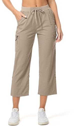 Faysfad Women's Capri Hiking Walking Trousers Casual Quick Dry UPF 50+ Lightweight 3/4 Cargo Pants Golf Shorts with Pockets （2035，Khaki,XL