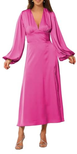 Vestido largo de satén de manga larga, vestido de graduación, vestido formal de otoño para invitada de boda, fucsia, 46