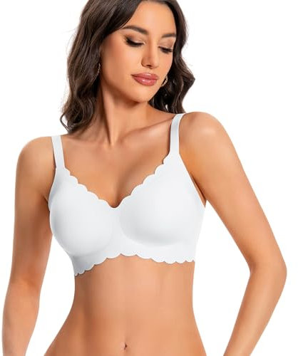 ANGOOL Seamless Bras for Women Wire Free Push Up V Neck Padded Bralette Soft Support Full Coverage Comfort Women Bra, White, L
