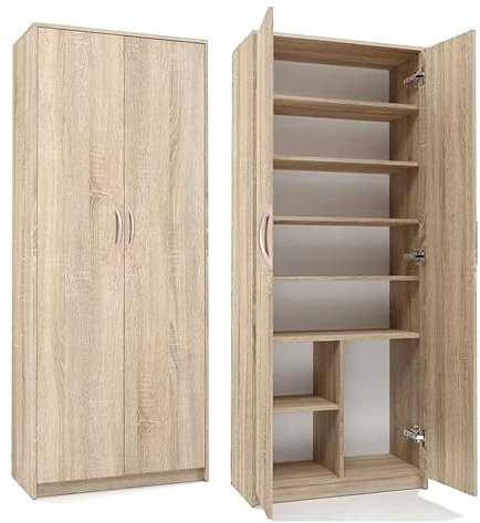 Armoire multi-usages avec 2 portes et 8 compartiments - Bibliothèque - Armoire de bureau - 180 x 74 x 35 cm - Sonoma