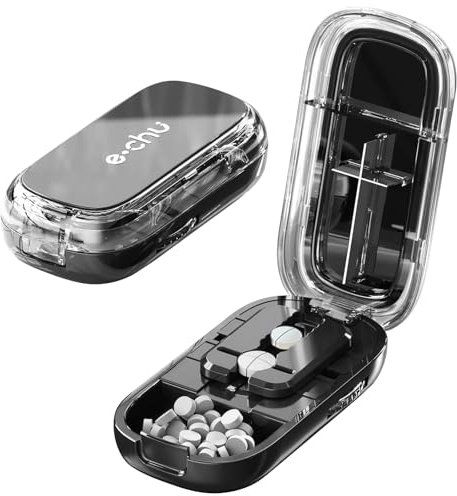 Tablettenteiler, Tablettenteiler für Alle Tabletten, 1/2 & 1/4 Unterteilt, Tablettenschneider für Kleine und Große Tabletten, Pillenteiler mit Aufbewahrungsfach für Reise, Haustier, Schwarz