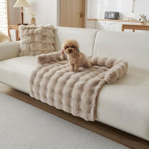 Non-Slip Dog Sleeping Mats, Fluffy Fuzzy Cozy Washable Couch Cover, Puppy Bed Blanket with Waterproof Lining for Medium & Small Dogs, Cats, Pets Indoor Sofa, Bed, Dog Crate (Khaki)