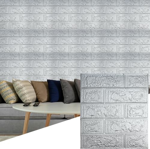 Roellgs 10Pcs 35X38cm 3D Brick Wallpaper, Faux Foam Brick Wall Panels Peel and Stick, Waterproof for Bedroom, Living Room, and Kitchen Decor (Silver)