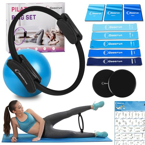 Goocrun Ensemble D'anneaux de Pilates, Salle de Sport Portable à Domicile, Comprend des Bandes de Résistance, Un Ballon de Pilates et Un Disque de Glissement - avec Guide D'exercices (Noir)
