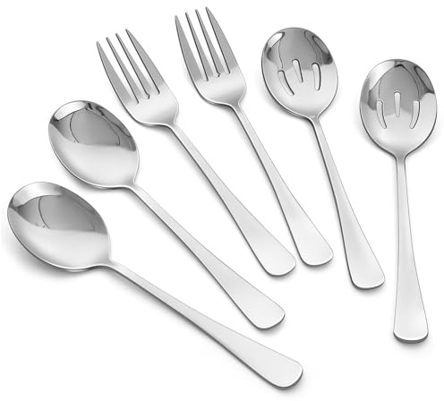 6PCS Serving Spoons and Forks Set- Solid Spoon x 2, Slotted Spoon x 2, Solid Fork x 2, 8.66inch Stainless Steel Serving Utensils for Buffet Party Dinner Banquet Cooking Kitchen
