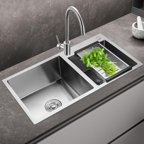 Stainless Steel Double Bowl Kitchen Sink 78x43cm with Strainer Drain Basket | Rectangular Shape, Two Separate Basins, Includes 2 Drain Filters & 1 Basket, Waste Outlet with Stopper and Overflow