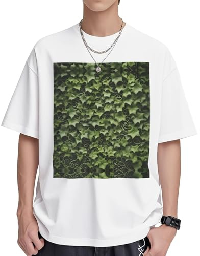 UVBDF Pull léger à manches courtes en coton avec imprimé floral et tourbillons de lierre, blanc, S