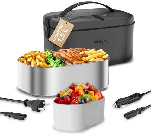 Wintem - Porta Pranzo Lunchy+ 3 in 1 Elettrico in Acciaio Inox con Posate, Scaldavivande da 80W Termico per Casa, Ufficio e Auto, Contenitori Ermetici e Doppia Presa 220V/12V