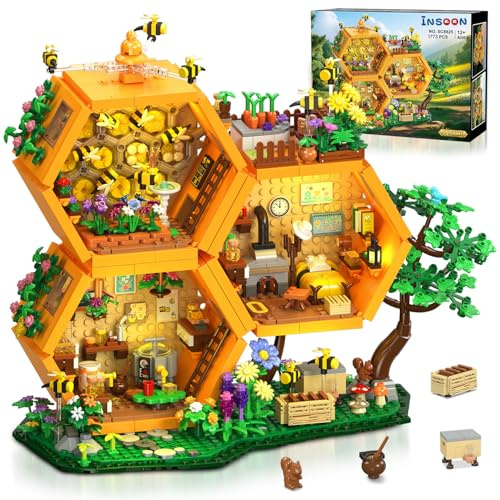 INSOON Set de Construcción de Casa Granja de Abejas con Luz, 1773 Piezas Juguete de Bloques de Cabaña de Miel con Flores, Kit de Maqueta de Casa Árbol para del Hogar, Regalo para Adultos Niñas de 12+