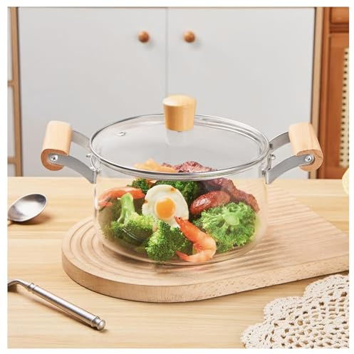 Glass Cooking Pot,Clear Pots,for Kitchen & Dining(3.5L),for Cooking Wooden Double Handles, Heat Resistant Simmer Pot Glass