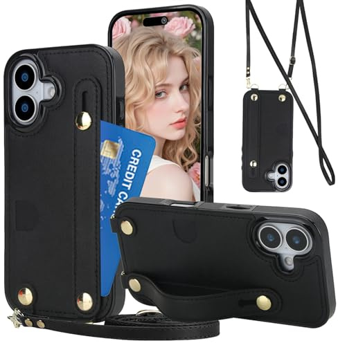 Fofvccv Coque pour iPhone 17 avec Cordon - KB Noir | Etui Protection Housse Premium en Cuir PU avec Dragonne Réglable Béquille Porte-Cartes de crédit Coque pour iPhone 17