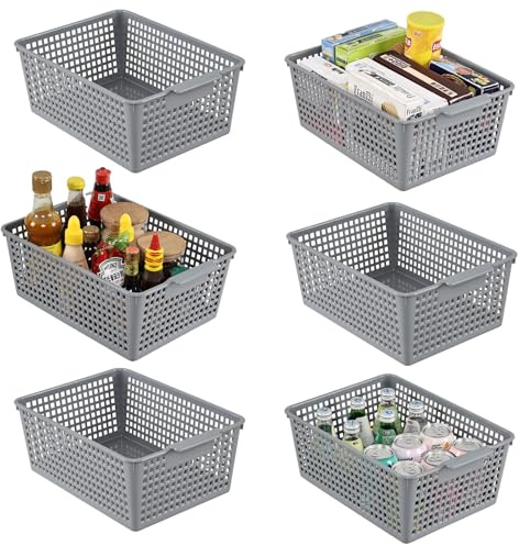 Minekkyes Set of 6 Plastic Cupboard Basket, Large Rectangle Storage Baskets for Home Office Bathroom Shelves(Gray)