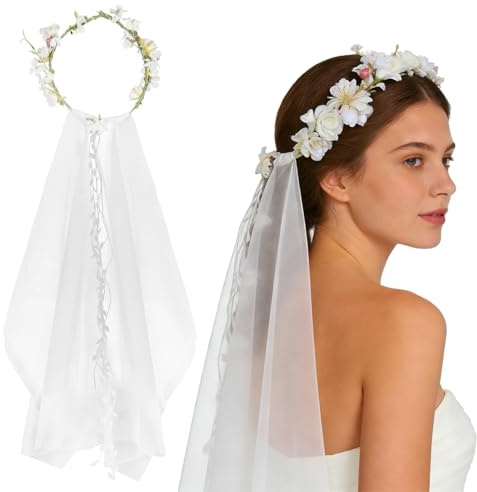 Brautschleier mit Blumenkranz Hochzeit Haarschmuck | Festlicher Blumenschmuck für Braut, ideal für Karneval und Mottoparty, stilvolles Accessoire