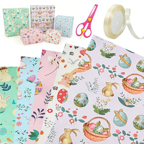 Presentpapper påsk, 10 ark påskpresentpapper, 70 x 50 cm påskpresentpapper, presentpapper, påskrulle med påskägg, påskkycklingar för påskgåvor, födelsedagar, fester, vår