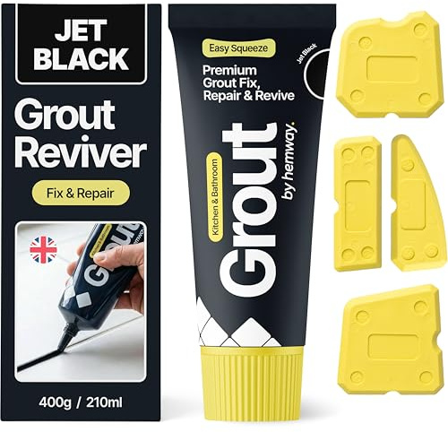 Hemway Jet Black Grout Reviver Kit 400g with 4 Piece Profiling Tool Kit | Ready Mixed Grout Repair 400g / 210ml, Wall & Floor Tile Adhesive, Kitchen Bathroom Shower, Anti-Mould, Fast Drying