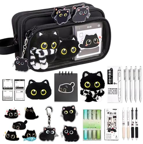 Xmccvt Astuccio per Gatti con Set di Cancelleria | Forniture di Cancelleria Gatto Nero - Astuccio Capiente - per Studenti, Bambini, Ragazzi, Ragazze, Scuola, Classe, Casa, Studio, Viaggio, Compleanno,