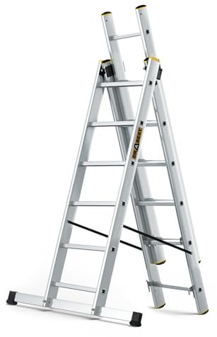 DRABEST Scala Pro serie 3 pezzi scala multiuso 3 x 6 gradini, scala multifunzione fino a 150 kg, altezza di lavoro 4,43 m, con gancio per secchio incluso