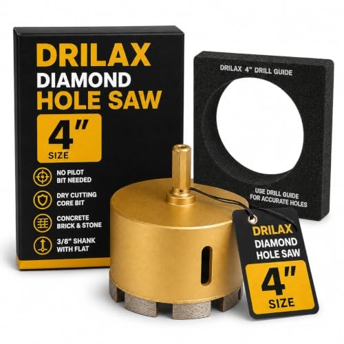 Drilax Diamond 4 inch Concrete Hole Saw Masonry Core Drill Bit Heavy Duty for Brick, Cinder Block 3/8 inch Standard Shank Rotary Tools