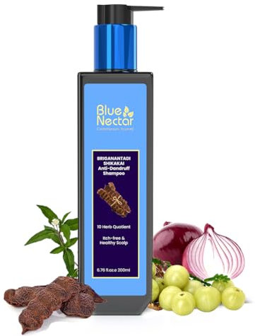 Blue Nectar Anti Dandruff Shampoo with Bhringraj (False Daisy), Shikakai (Soapnut) & Gooseberry (Amla) Oil for Hair Growth | Dry Scalp Shampoo for Itchy Scalp (10 Herbs, 200 ml)