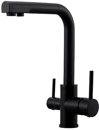 Wasserrhythm 3-Wege-Wasserhahn Küchenarmatur Küche 3 in 1 Mischbatterie Trinkwasserhahn Armatur für Wasserfilter Kalt- & Warmwasser 360°Drehbar Zwei Hebel Spültischmischbatterie Solid Messing Schwarz
