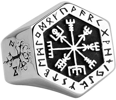 ForFox Punk Edelstahl Vegvisir Kompass Ring Nordischer Wikinger Runen Ring mit Valknut und Baum des Lebens Keltischer Schmuck für Herren Damen Größe 54-75