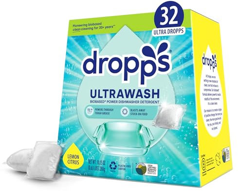 Dropps UltraWash Power Biobased Dishwasher Pods, Lemon Citrus (32 Dish Tabs) - Deep Clean Dishwasher Detergent Tablets for Sparkling Shiny Dishes - No Rinse Aid or Pre-Wash Needed