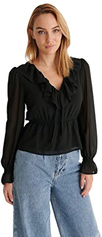 NA-KD Frill V-Neck Chiffon Blouse Camicia da Donna, Nero, 44