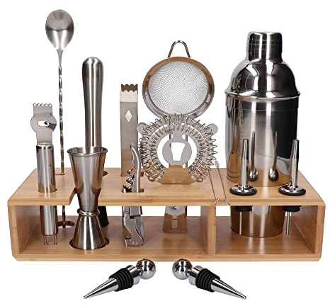 Whiskey Rocks 17-er Cocktail Shaker Set mit Bambusständer - Cocktail & Bar Zubehör - Paris Shaker 750 ml - Barkeeper Set - Bar Set - Cocktail Messbecher & Stößel - Barlöffel - Edelstahl - Silber