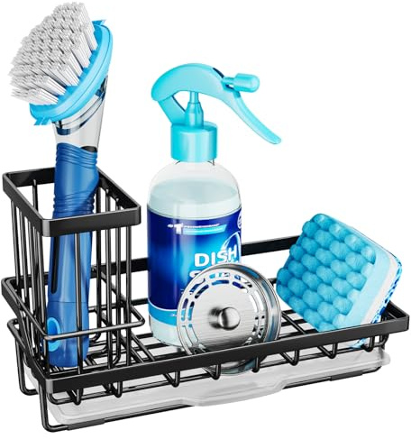 Consumest Sponge Holder for Kitchen Sink - Kitchen Sink Caddy Organizer with Removable Drip Tray for Countertop Dish Soap Dispenser Brush Storage Accessories 304 Stainless Steel - Black