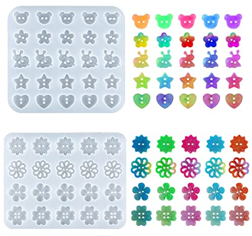 Nifocc 2 Pcs Button Resin Molds Jewelry Casting Molds Pendant Silicone Mold Bear Heart Star Flower Crystal Ornament Mold for DIY Crafts Necklaces Earring Studs Bracelets Keychain