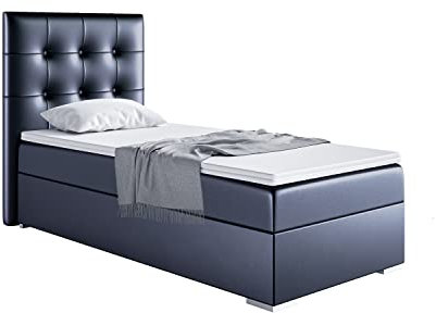 MEBLINI Boxspringbett mit Bettkasten - Gepolstert Einzelbett mit Matratze und Topper - Polsterbett mit Stauraum - Bett mit Kopfteil - Stauraumbett - Deniz - 90x200 Rechts - H4/Dunkelgrau Kunstleder