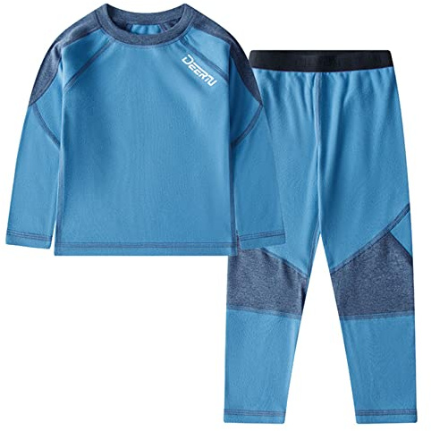 MSemis Thermo-Unterwäsche Set für Kinder Unisex Warme Wäsche Langärmligem Rundhalsausschnitt Oberteil + Langer Unterhose Leggings Kinderset Blau 98-104