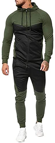 Oanviso Tuta da Uomo Sportive Felpa con Cappuccio e Pantalone Due Pezzi Tuta Zip Intera Felpa Pantaloni Sport con Tasche Disegno di Patchwork in Colore Solido per Jogging Fitness A Verde S