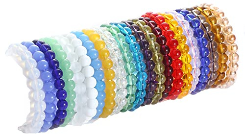CASDAN 21Pcs 8mm Beaded Stretch Bracelet Handmade Glass Bracelet for Women Men Colorful Crystal Beads Bracelet Elastic Round Bead Bracelets Jewelry