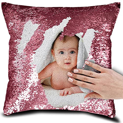 Eletizy Federa per cuscino reversibile con immagine personalizzata, foto con paillettes personalizzate, federa per cuscino con foto di animali domestici, amanti e famiglia, 40x40 cm (colore rosa)