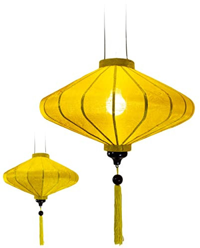 Traditioneller asiatischer Lampion aus Seide, gelb, Durchmesser 45 cm – Laterne von Hoi an aus Stoff, Bambus und Holz, handgefertigt – Dekoration von Asien und Handwerk aus Vietnam (P25-J)