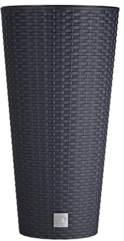 Tymar Blumentopf mit Einsatz, Gross, Rattan, Blumenkübel aus Kunststoff, Übertopf, Runde Form, Innen- und Außenbereich (Anthrazit hoch, ø 30 cm)