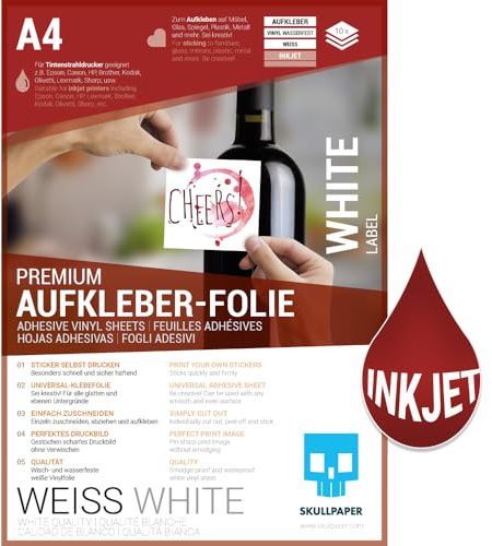 SKULLPAPER® Klebefolie Vinylfolie zum aufkleben und selbst gestalten - für Inkjet Tintenstrahldrucker (Weiss)