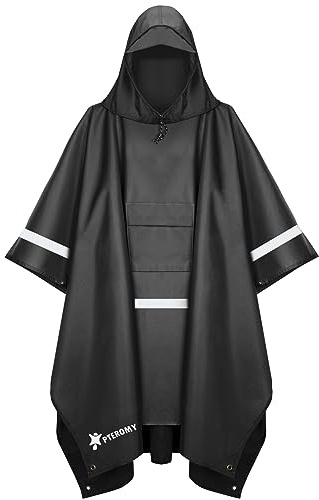 PTEROMY 3-in-1 Hooded Rain Poncho for Adult with Pocket, Waterproof Lightweight Unisex Raincoat for Hiking Camping Emergency (Black w/Reflective Stripe)