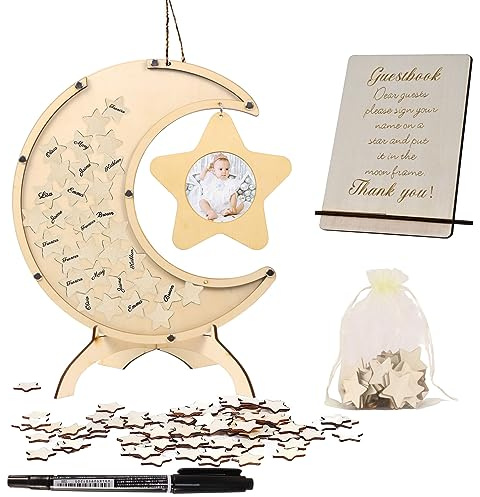 Holz Mond Gästebuch, Hochzeits Gästebuch, Wünsche Bilderrahmen als Gästebuch und tolle Erinnerung, Deko Baby-Party Mädchen und Jungen, Personalisiert Hochzeitsdeko Kreative Geschenk für Hochzeit (A)
