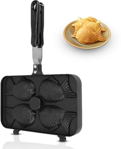 Taiyaki Moule à gâteau en forme de poisson, moule à gaufres antiadhésif, double face, moule à gâteau avec long manche et 4 grilles pour la maison, la cuisine et les fêtes