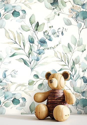 Newroom Tapete Grün Vliestapete Blätter - Kindertapete Kinder Blau Weiß Eukalyptus Zweige Jugendtapete Verspielt Babytapete Floral inkl. Tapezier-Ratgeber